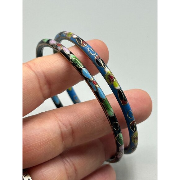 Thin Cloisonne Bangles Bracelets Black and Blue Color Enamel Oriental Jewelry - Picture 4 of 7
